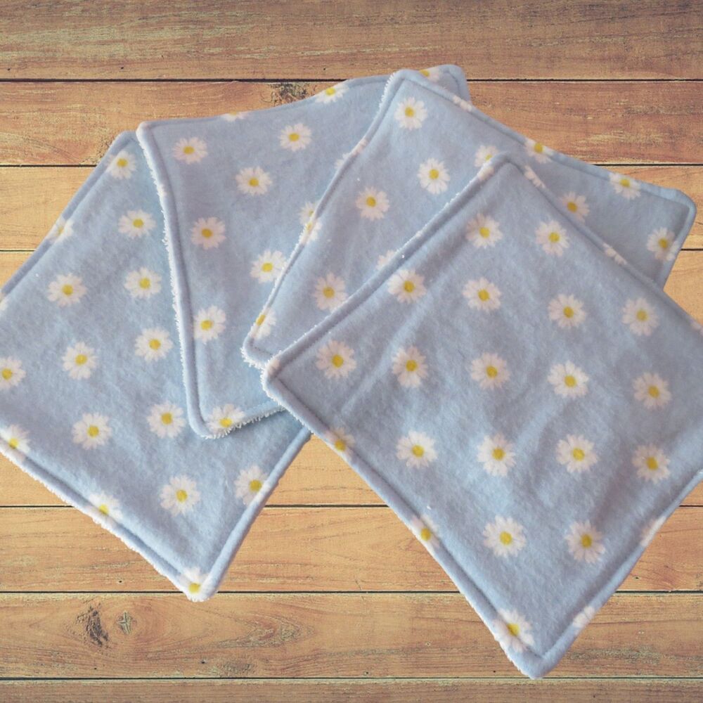 Flannel and Terry Cloth Daisy Washcloth, Wipes, Set of 4, 2-Ply, Gift Under Ten